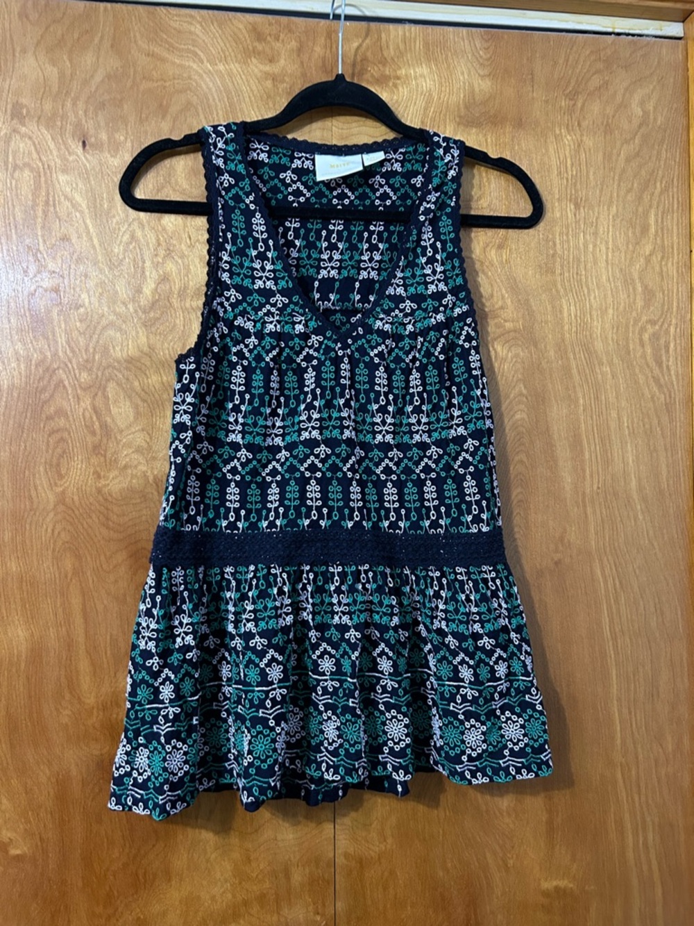 Anthropologie Maeve Peplum Top with Teal & White Embroidered Motif